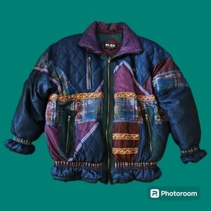 Elco 1980s Jewel Tone Brocade Down Filled Oversized Techy Patchwork Ski Coat